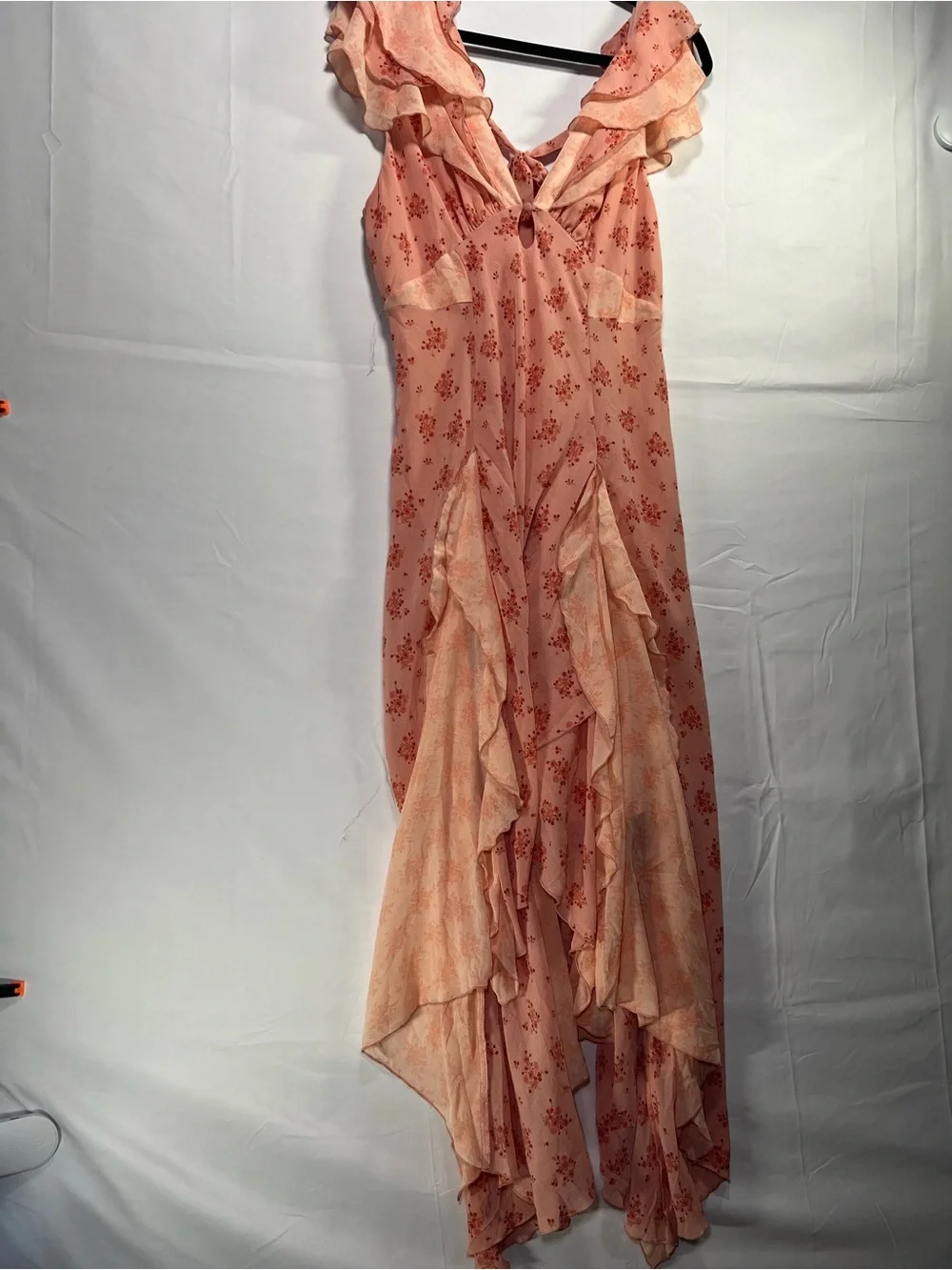Free People Women’s Pink Floral Ruffle Handkerchief Hem Maxi Dress Size M